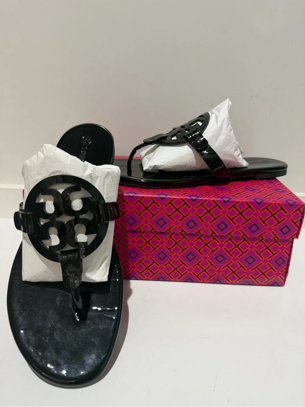 Tory Burch Black Patent Miller Logo Thong Sandals